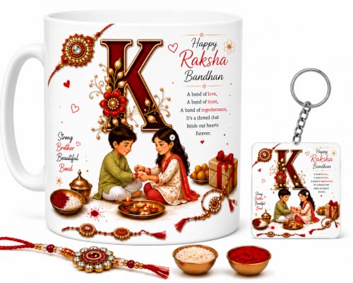 Image of Raksha Bandhan Alphabet K Coffee Mug with Matching Square Keychain | Includes Rakhi, Roli & Chawal | 350 ML Ceramic Printed Cup | Brother Sister Festival Collection