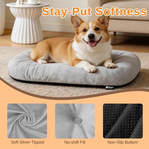 Image of Washable Oval Dog Bed for Small Dogs,High-Resilience,Light Gray | Non-Slip Bottom Prevents Sliding,Soft Plush Short Fur,Machine Washable Cushion,Ideal for Crates & Small Spaces,23 inchx17 inchx2.8 inch