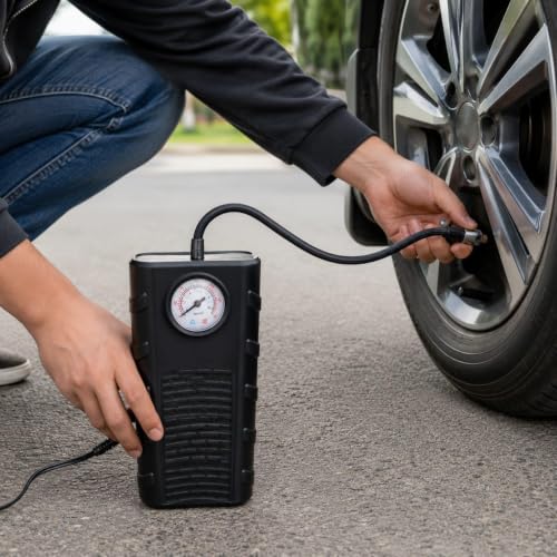 Image of Portable Analog Car Air Pump with Pressure Gauge, 12V DC Power, Flexible Hose, Black (B1)