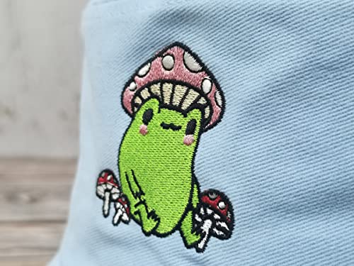 Frog With Mushroom Hat Cottagecore Embroidered Bucket Hats, Light Blue Summer Travel Unisex Embroidery Beach Sun Hat Outdoor Fisherman Cap #TOP2