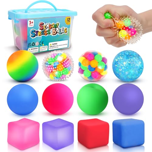 Image of Fidget Sensory Toys Stress Balls: 12 Pack Squishy Stress Balls for Kids | Hand Therapy Sensory Ball with Nervousness Pressure Relief - Squeeze Stress Toys Bulk - Classroom Prize Gift for Student