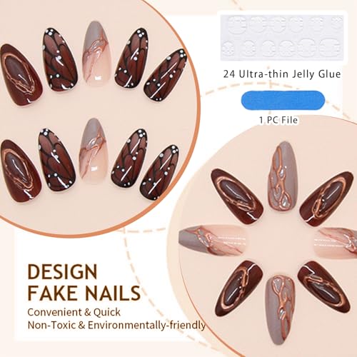 GlamRays 24pcs Autumn Press-On Nails Medium Almond False Nails Brown Press on False Nails With Butterfly and Stripe Design Autumn Nails - Image 3