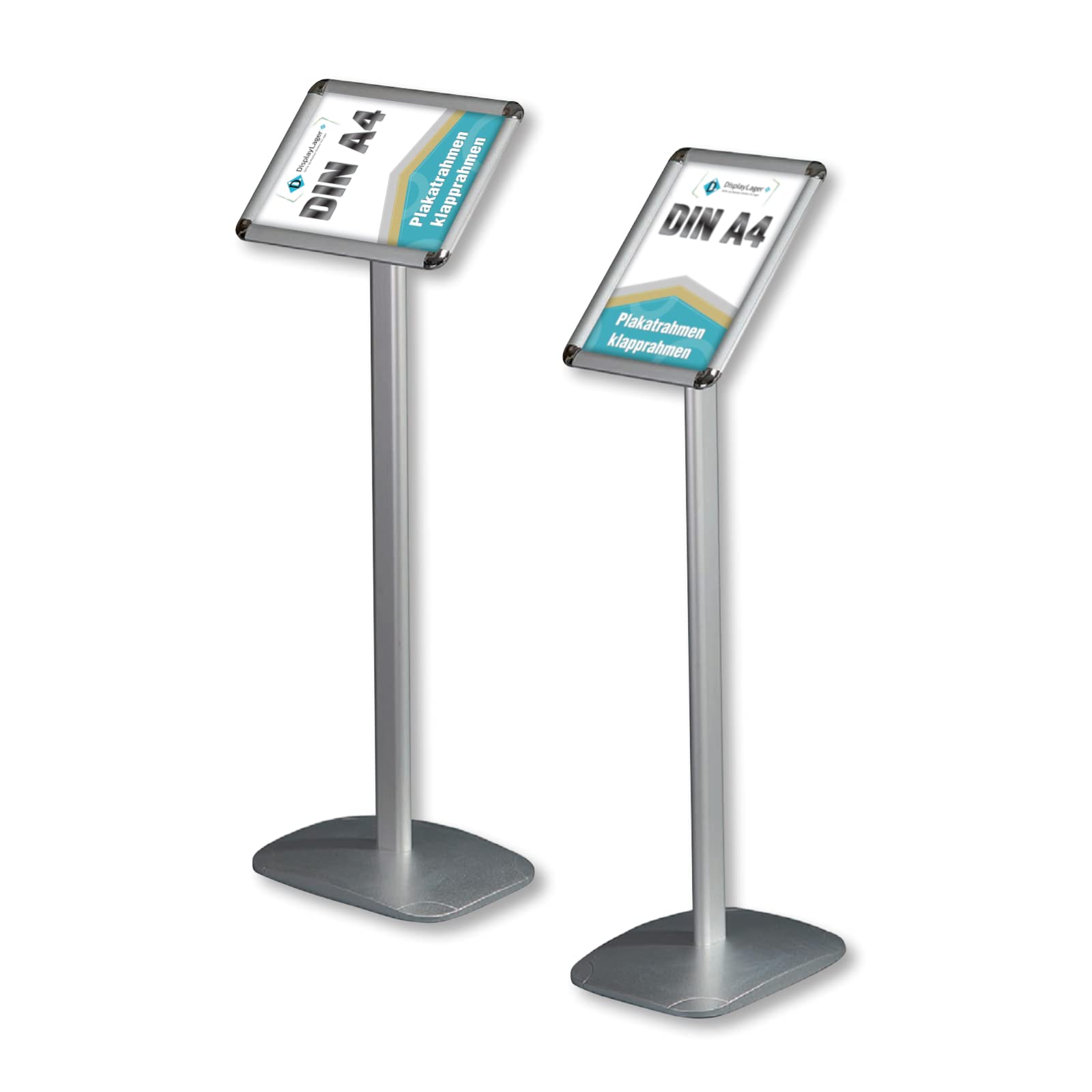 Displaylager - Soporte y información para carteles A4, soporte en base de aluminio inoxidable para uso horizontal o vertical