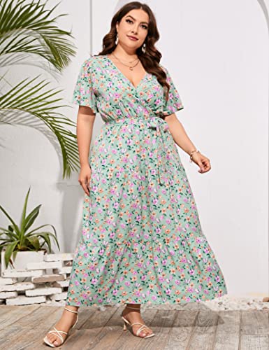 Image of ShopWonder Womens Plus Size V Neck Wrap Maxi Dress High Waist Ruffle Summer Casual Dress with Belt