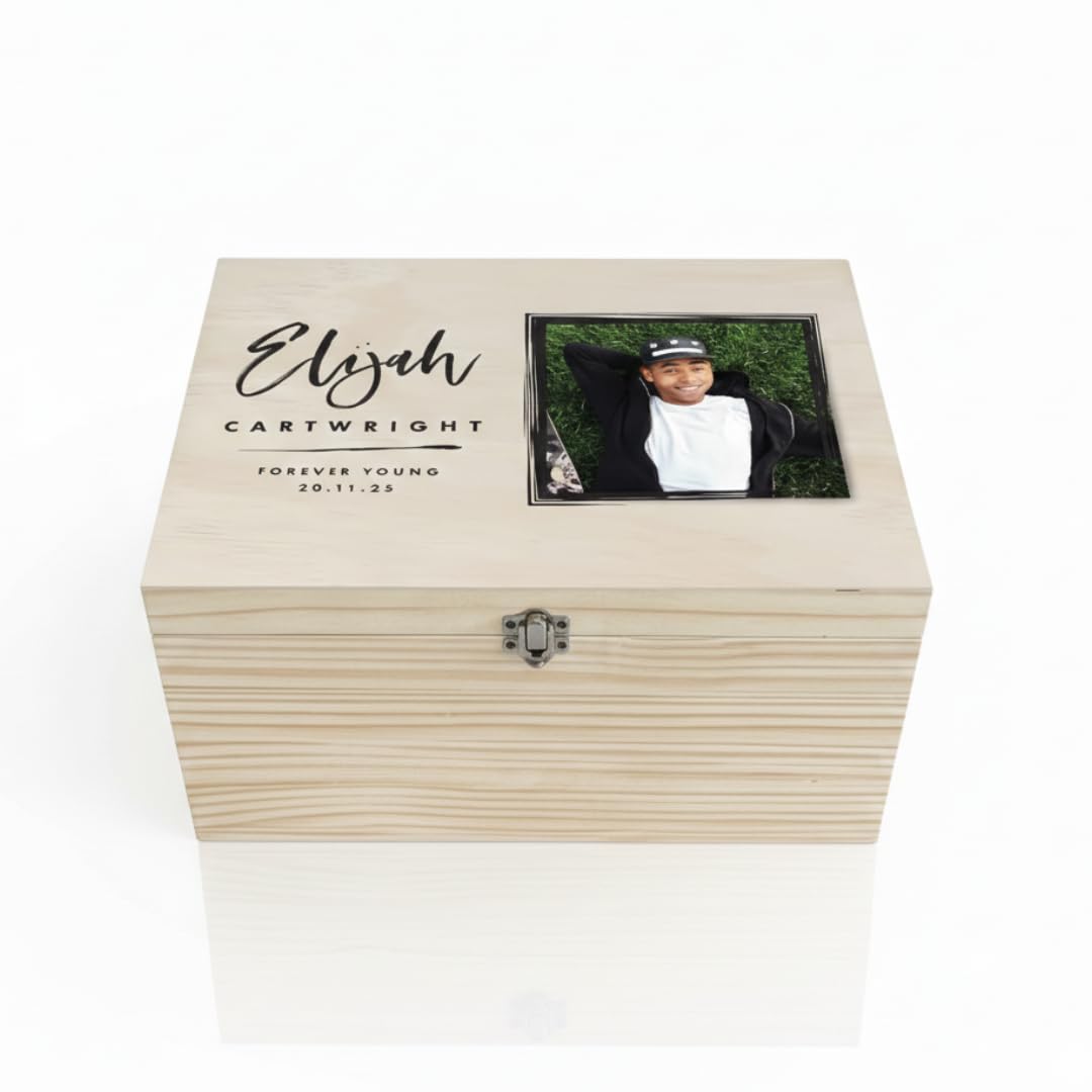 Personalised Natural Wood Square Photo Memory Box | Custom Name, Message & Date Keepsake Chest | Premium Pine Box for Memorials, Milestones & Birthdays | W16cm x D11cm x H9cm