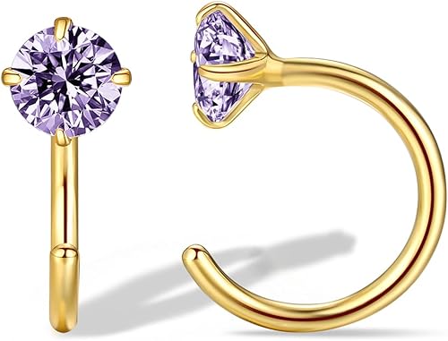 Aretes de aro de plata de ley chapados en oro de 14 quilates con amatista morada para mujeres y niñas