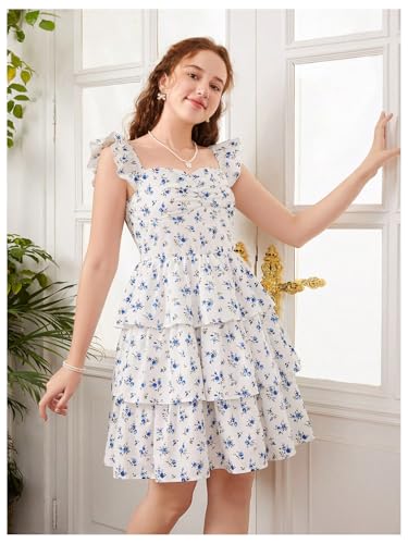 Girl's Floral Summer Dress Ruffle Shirred High Waist Ruched Sweetheart A Line Spring Dress4