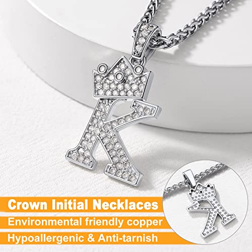 U7 Hip Hop A-Z Letter Pendant Men Women Stainless Steel Chain Bling Diamond Iced Out Crown Initial K Necklace 22-24 Inch #TOP1