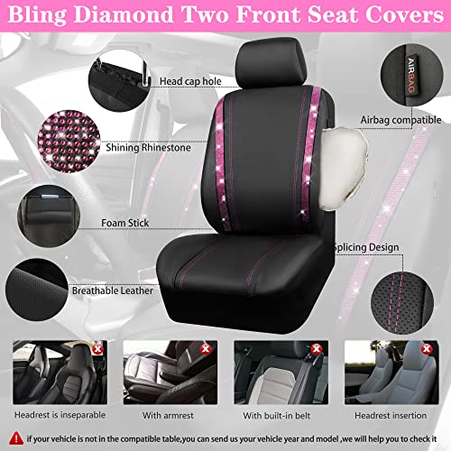 Image of CAR PASS Leather Bling Diamond Car Seat Covers 2 Front Interior Sets, Waterproof Universal Shining Glitter Crystal Sparkle Fit for Automotive Truck SUV Cute Women Girl, Black Pink Rhinestones