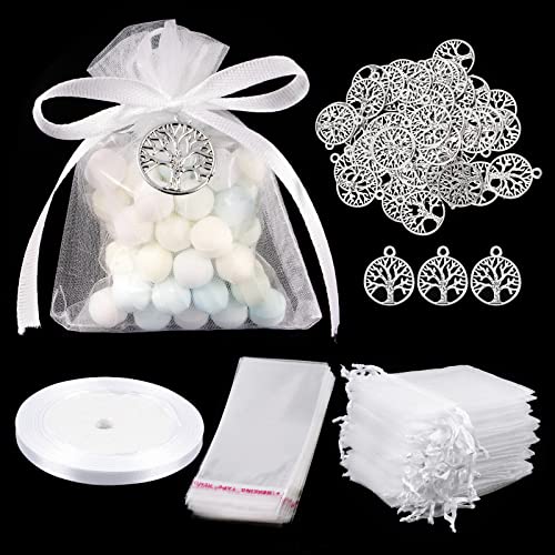 50pz Ciondolo Albero della Vita 50pz Sacchetti Matrimonio Bomboniere 50pz Sacchetti Plastica Nastro Bianco Portaconfetti Addobbi Regalo Prima Comunione Cresima Battesimo
