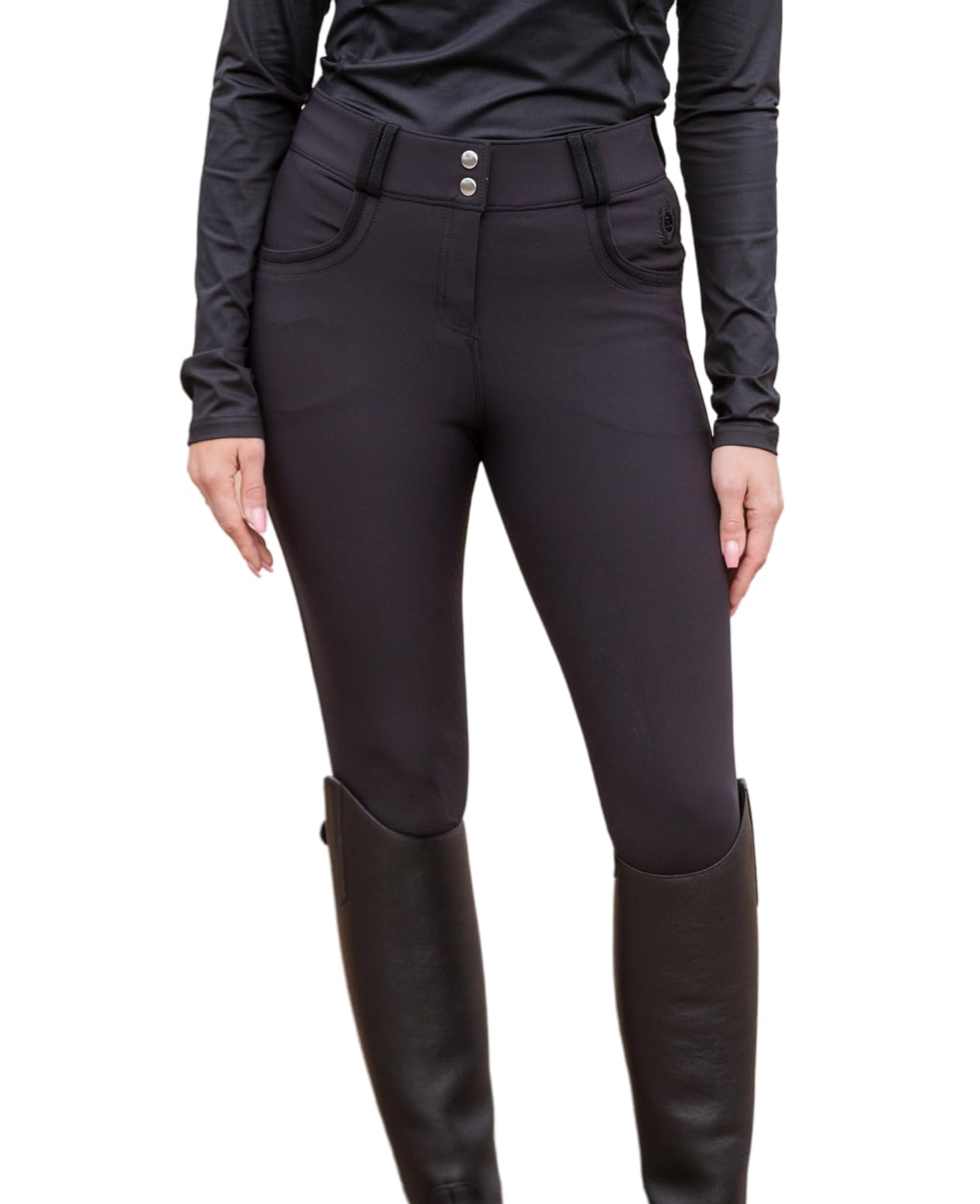 Rhinegold PRO-Stretch Ladies Horse Riding Breeches - Full Seat Silicone Grip with Pockets - Equestrian Sport Jodhpurs/Tights, Size 34, Black