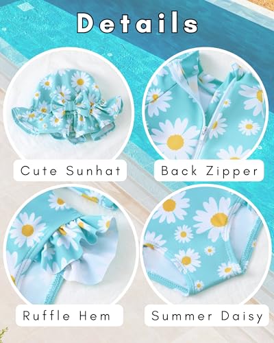 Image of SODLON Baby Girl Swimsuit Long Sleeve One-Piece Infant Bathing Suit 3M-3T | Girls Swim Suit with Hat & Zipper & Headband, Rash Guard Ruffle Swimwear, Toddler UPF 50+ Swimsuits, Baby Beach Essentials