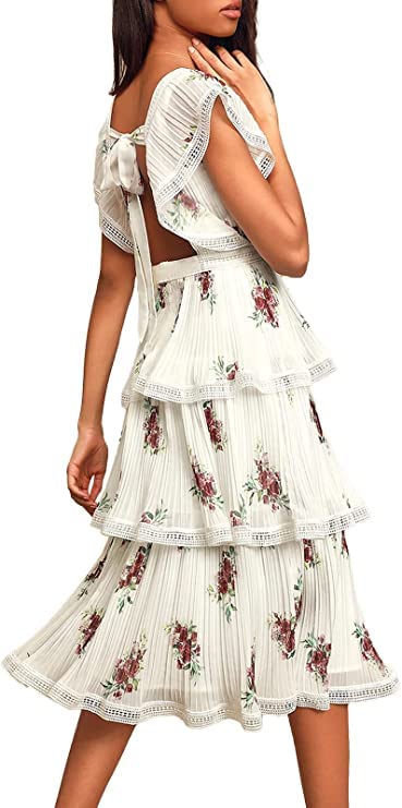 Image of ETCYY Women's Summer Ruffle Maxi Dress Tiered Layed Chiffon Short Sleeve Beach Boho Floral Party Wedding Guest Long Dresses