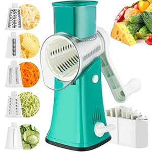 VEKAYA Rotary Cheese Grater, 5 in 1 Cheese Grater with Handle, Replaceable Stainless Blades Cheese Shredder, Cheese Vegetable Slicer, Easy to Clean Kitchen Gadgets with Storage Box