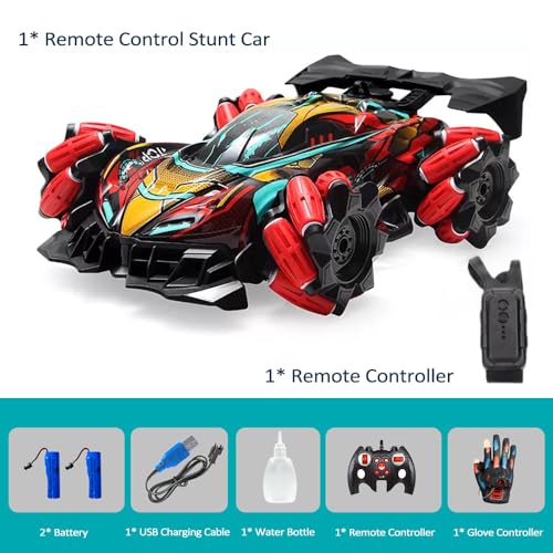 Goolsky Fernbedienung Spray Car Fernbedienung Stunt Car 2,4 GHz mit Funktion Cool Lights Musik Side Drift Handschuh Geste Funkuhr Fernbedienung Spray Stunt Car 3 Steuermodus 2 Batterie