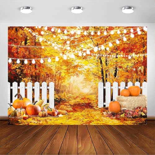 Avezano Fondo de bosque otoñal, hojas de arce, calabaza, paisaje otoñal, fondo de fotografía, cosecha de otoño, Acción de Gracias, decoración de fiesta, accesorios para cabina de fotos (7 x 5 pies)