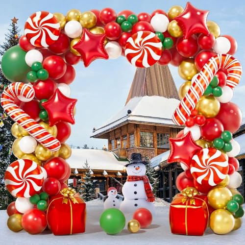 CONLEKE 151PCS Christmas Balloon Garland Arch Kit with Red White Golden Dark Green Candy Foil Balloons Candy Cane Gift Box Star Balloons for Christmas Party Decorations