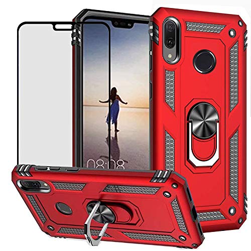 DuoLide for Huawei Y9 2019 / Enjoy 9 Plus Case with Tempered Glass Screen Protector,Hybrid Heavy Duty Dual Layer Anti-Scratch Shockproof Defender Kickstand Armor Case Cover, Red