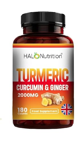 Turmeric Tablets High Strength 2000 mg with Curcumin & Ginger,Black Pepper Supplements, 180 Tablets (3 Months) High Strength Active Turmeric Supplements tablet Not Turmeric Capsules- by Halo Nutrition