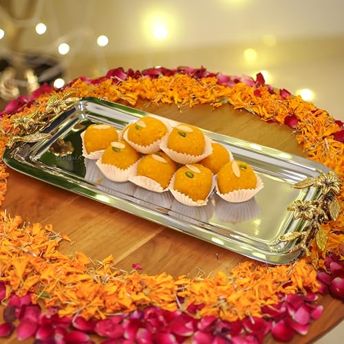 Image of BEHOMA Royal Rectangular Serving Platter, 15.5 inch | Rectangular stainless steel platter with brass leaf handle, 15.5 inch; elegant Durga Puja serveware.