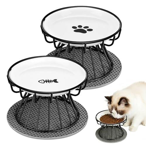 Katzennapf Erhöht, 2 Stück Katzennapf Keramik mit Napfunterlage Silikon Und Metallständer, Zervixschutz-Katzennapfs, Katzennäpfe für Futter Wasser (2)