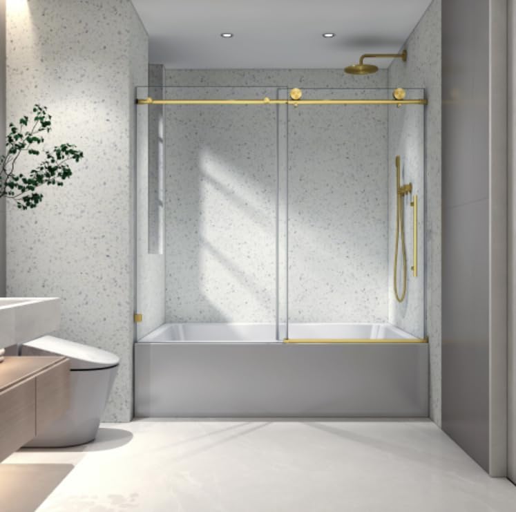 60 Inch Brushed Gold Frameless Shower Door with Soft Close Tempered Glass and Stainless Steel Pulleys