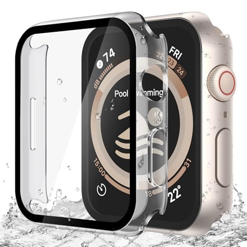 Image of Misxi [2 Pack Waterproof Anti-Scratch Case with Button for Apple Watch Series 9 Series 8 Series 7 41mm, Hard PC Cover with Tempered Glass Screen Protector for iWatch, 1 Starlight + 1 Transparent