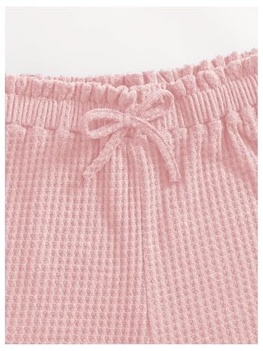 Image of RoseSeek Girl's 2 Piece Outfits Waffle Knit Scoop Neck Button Down Crop Tank Tops Paperbag Waist Track Shorts