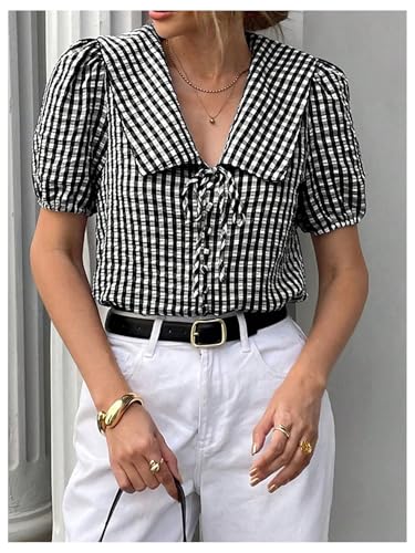 SweatyRocks Women's Lapel Collar Plaid Print Blouse Puff Sleeve Tie Front Button Down Shirts3
