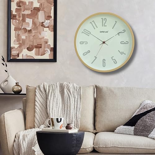 Image of OREVA 14 Inch Round Fancy Embossed Number Dial Contemporary Stylish Quartz Clocks Modern Analog Silent Wall Clock for Living Room Bedroom Home Decor Office AQ-9477SS (L Wood)