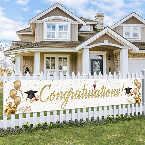 Probsin Large Graduation Banner 120"x20" Graduation Party Decorations 2023 Backdrop Congrats Grad Party Supplies Yard Sign Double Printed Gold White Hanging Background for Outdoor Indoor Garden Lawn