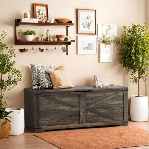 DWVO Storage Bench with Storage, 47.2" Wooden Trunk, Storage Chest with Safety Hinges for Living Room, Entryway, Bedroom