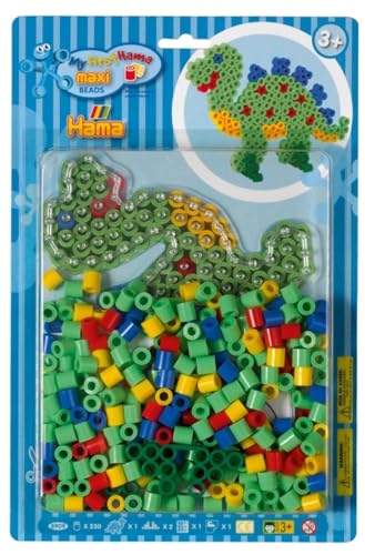 Hama Perlen 8909 Set Dinosaurier mit ca. 250 bunten Maxi Bügelperlen mit Durchmesser 10 mm, Stiftplatte, inkl. Bügelpapier, kreativer Bastelspaß für Groß und Klein