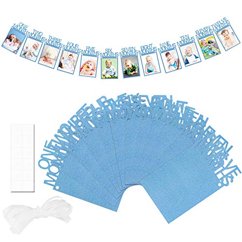 DECARETA Set Bébé Photo Bannière, 1er Anniversaire Guirlande de Banderoles Cadre Photo en Papier Cartonné Bannière Bébé 1-12 Mois avec Points de Colle pour Photo Prop Baby Shower Décoration (Bleu)