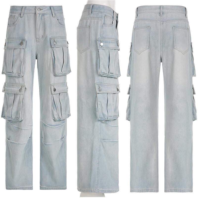 NCDUANSAN Gothic Retro Jeans Women's Pants Street Trend Loose Multi Pocket Stitching Casual Straight Leg Wide Leg Wash2