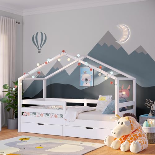 Bellabino Abia Kinderbett 90x200 cm – Hausbett mit Rausfallschutz, Lattenrost und 2 Schubladen – Montessori Kinder Bett aus Massivholz Kiefer für...