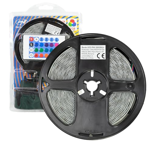 LED-strip PNI 2835RGB, RGB, IP65, siliconen, lengte 5 meter, met afstandsbediening, voeding 230 V, dimbaar, lichtspellen, 270 LED's type 2835, 12W
