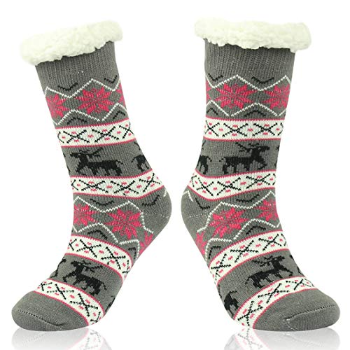 Amzhom Women's Fuzzy Socks Winter Super Soft Warm Cozy Fluffy Fleece-lined Christmas Gift Snowflake Deer Non Skid Slipper Socks With Grippers Grey