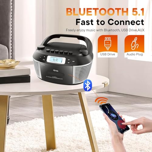 Lettore CD portatile con Bluetooth 5.0, radio AM/FM, cassetta a nastro, riproduzione USB, registratore, telecomando e jack per auricolari, alimentazione a batteria CA/per casa e viaggio