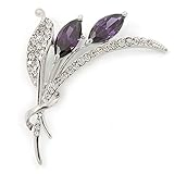 Amethyst CZ, Clear Crystal Floral Brooch In Rhodium Plating - 55mm L