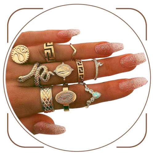 Nicute Gold Ring Set Rhinestone Finger Rings Vintage Knuckle Stackable Shiny Rings Accessories for Women (10PCS)
