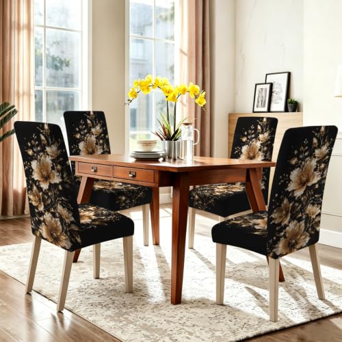 Image of Black Gold Floral Dining Chair Covers Set of 4, Stretch Covers
