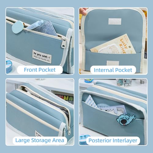 Image of MXCOIRTP Large Capacity Pencil Case, Big Capacity Pencil Pouch Pen Bag with 4 Compartment, Portable Canvas Stationery Organizer with Zipper for Boys Girls Adults Student- Blue