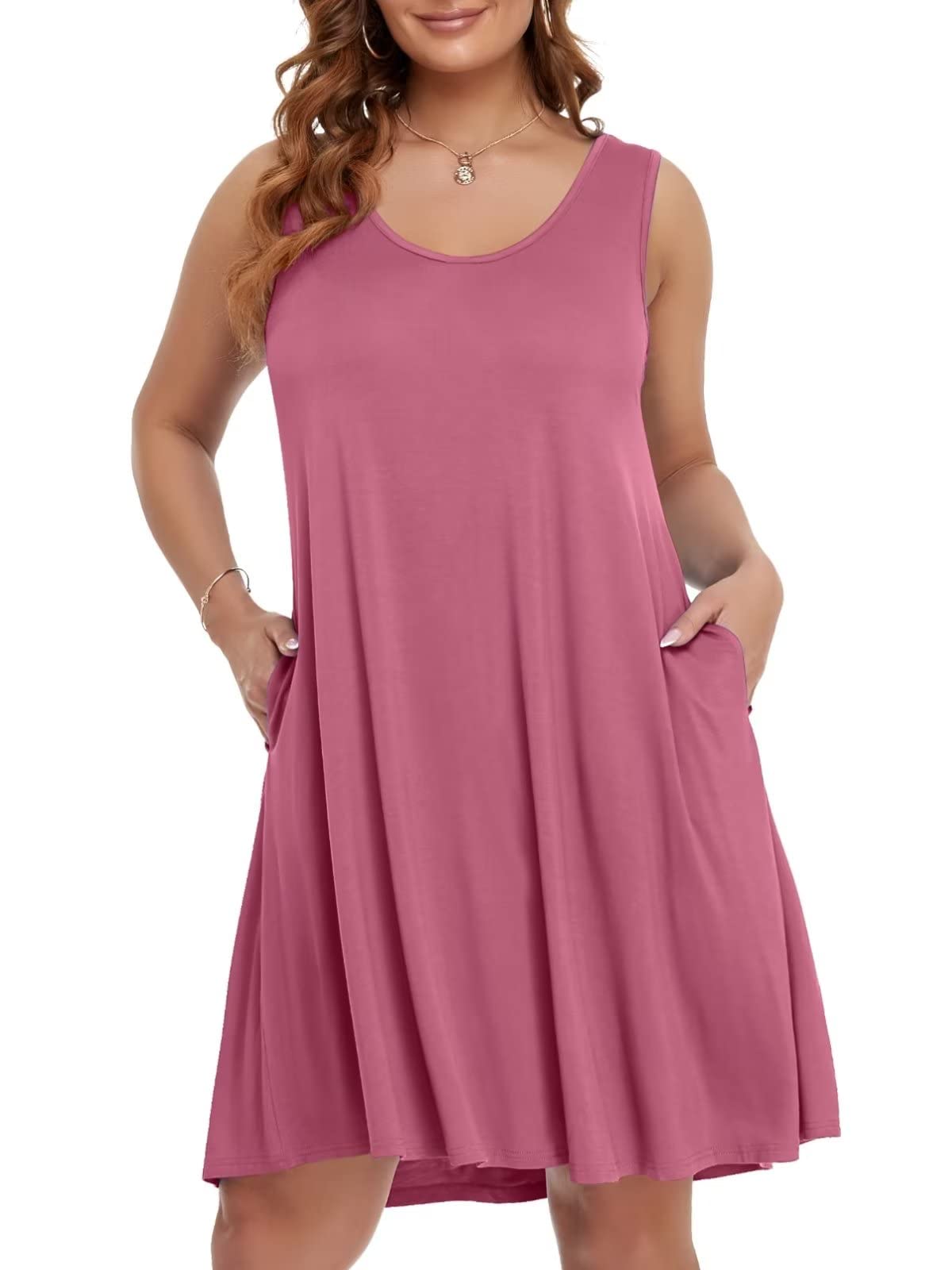 BELAROI Women's Plus Size Tie Dye Sundress - Sleeveless T-Shirt Dress With Pockets, Casual Beach Cover Up, Gray Pink