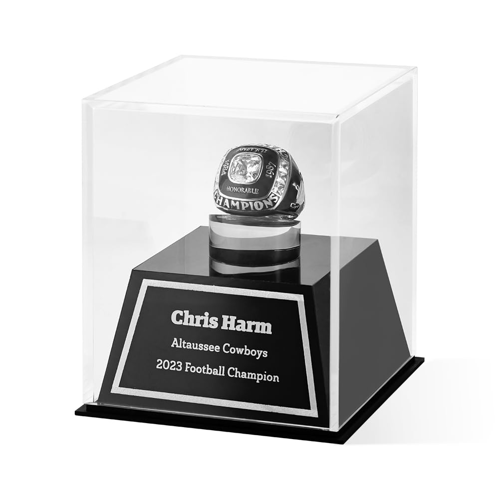 BYFDIY Custom Championship Ring Display Case Acrylic Baseball Ring Holder Personalized Name Rings Display Case for Football Softball Basketball Sport Size 3×3×3.5INCH