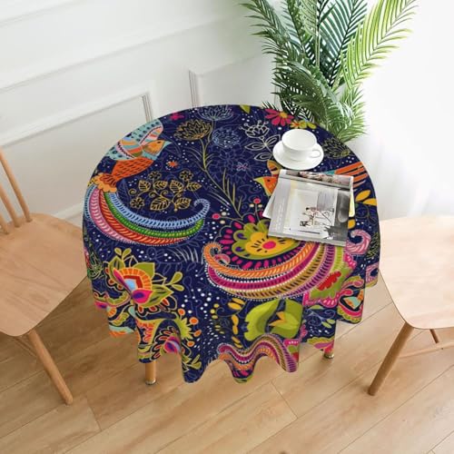 WBQLSL Nappe ronde avec imprimé oiseaux de style ethnique, infroissable, adaptée pour les banquets et buffets intérieurs et extérieurs