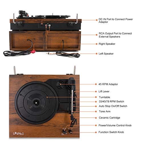 Lp&No.1 Bluetooth Vinyl Record Player With External Speakers, 3-Speed Belt-Drive Turntable For Vinyl Albums With Auto Off And Bluetooth Input，Mahogany Wood #TOP7