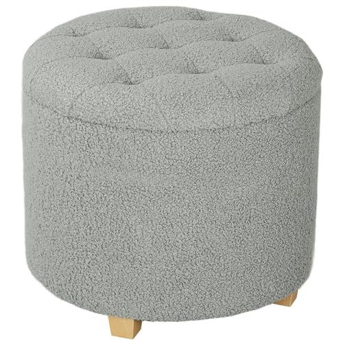 HOMCOM Otomana redonda de almacenamiento de 45 cm, reposapiés de forro polar con tapa extraíble y patas de madera, taburete de tocador con botones para sala de estar, dormitorio, pasillo, color gris