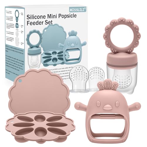 Image of MISSLILI Baby Silicone Fruit Food Feeder Pacifier & Breastmilk Popsicle Freezer Molds,BPA Free Baby Food Storage Containers Frozen Ice Tray for Baby Feeding Safely, Infant Fruit Teething Toy (Pink)