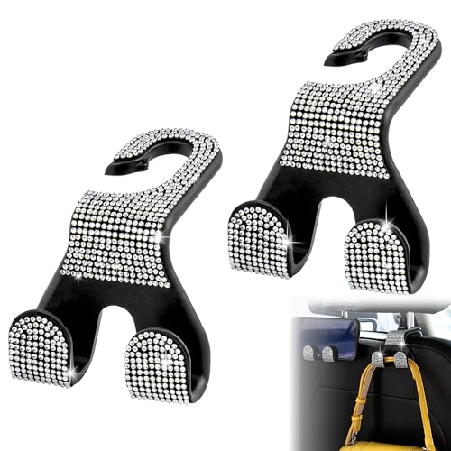 MTGOCHA Bling Car Purse Hooks 2Pcs, Durable Car Headrest Hook, Holds 44Lbs, Double-Hooks, Wide-Opening, Rhinestone Automobile Purse Hangers Holder, Bling Car Accessories for Women, White